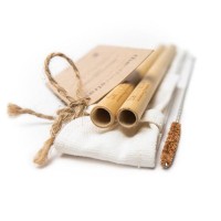 Bamboo straws with straw clean brush pack/ Custom logo cotton bags for bamboo straws set with coconut fiber bristle cleaner